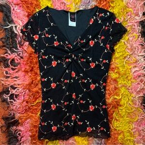 Y2K Coquette Gathered Bustline Embroidered Top lettuce hem milkmaid girlhood